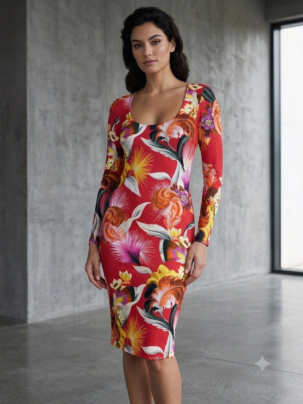MARY KATRANTZOU Red Multicolor Floral Long-Sleeve Midi Dress
